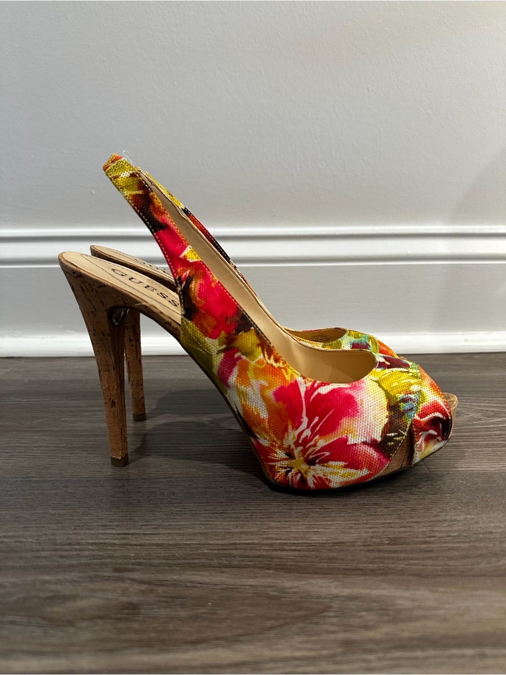 Guess Multicolor Floral Peep-Toe Slingback Heels